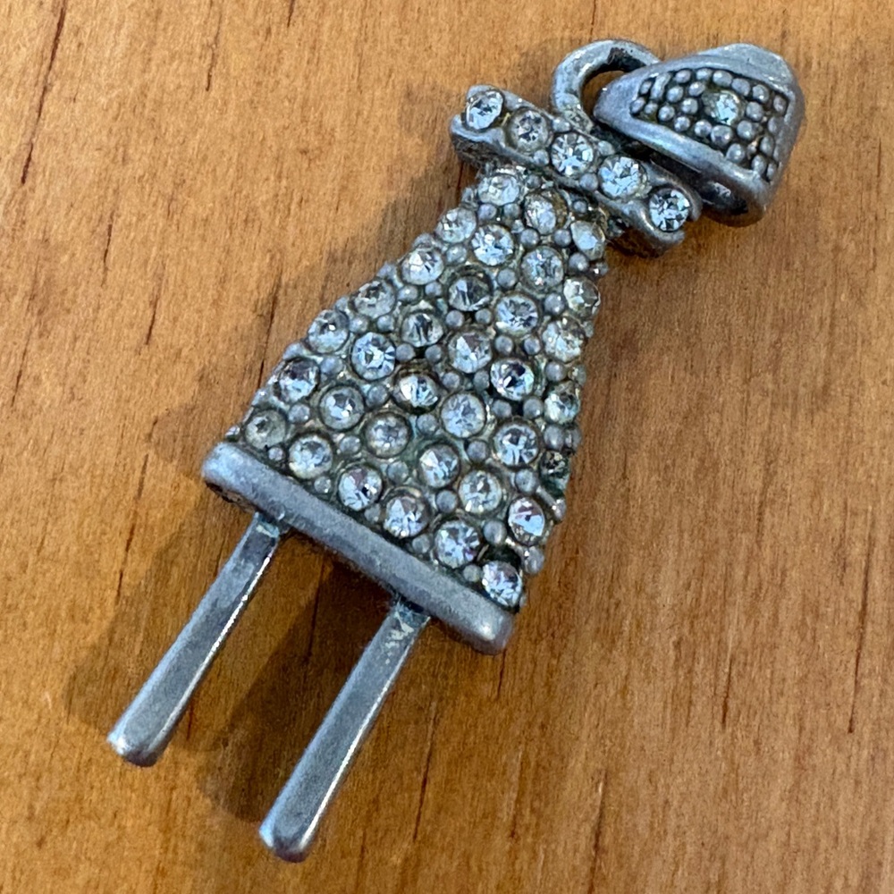Vintage Rhinestone Electric Plug Pendant – Silver Tone Pavé Novelty Charm - Picture 5 of 10